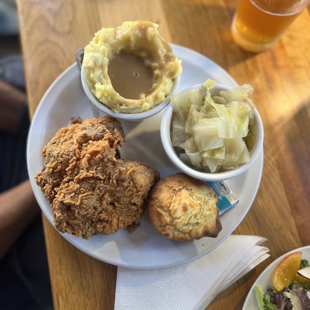 Proper - Fried chicken breast with potatoes and gravy, steamed cabbage and cornbread. - Southern Near Me - Boone, North Carolina