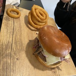 La Trattoria Pizzeria - Mushroom Swiss Burger with onion rings