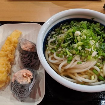 Marugame Udon - #5 large with green onions and cilantro two salmon rice balls and squid tempura - Japanese Near Me - Costa Mesa, California