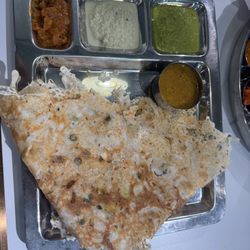 Saravana Bhavan - Rava Masala Dosa - Vegan - 3 chutneys and sambhar