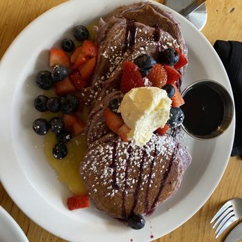 The Shop - Blue corn pancakes with lemon curd and berries - Breakfast & Brunch Near Me - Albuquerque, New Mexico