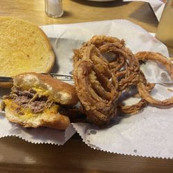 Wacky Jacks - Cheeseburger and onion strings.
