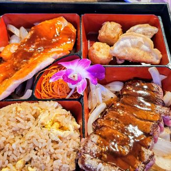 Joy Japan Sushi & Hibachi - Bento box with steak and salmon. - Sushi Bars Near Me - St. Cloud, Florida Joy Japan Sushi & Hibachi - Bento box with steak and salmon. - Sushi Bars Near Me - St. Cloud, Florida