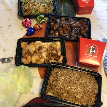 Panda Inn - DinDin spread: Minced Chicken Lettuce Cups, Fried Rice, Honey Walnut Shrimp, Egg Spicy Tofu & Eggplant, Lo-Mein, Beef and Broccoli - Chinese Near Me - Ontario, California