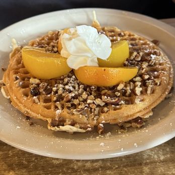 Indian Creek Cafe - Peach and pecan waffle - Cafes Near Me - Gold Beach, Oregon Indian Creek Cafe - Peach and pecan waffle - Cafes Near Me - Gold Beach, Oregon