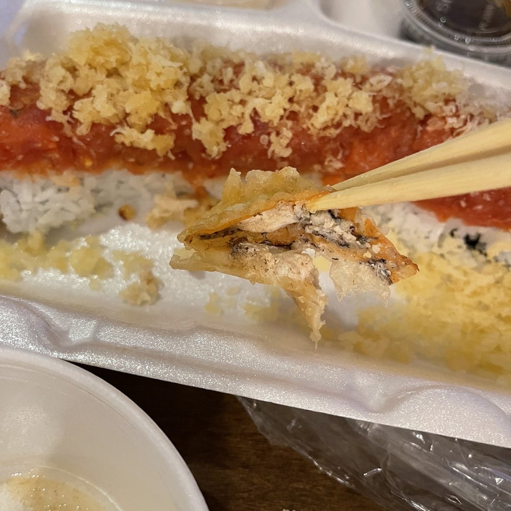 Crazy Rock'N Sushi - T-16. Red Spider Roll with weird cooked fish or something in the chunks of fried dough - Sushi Bars Near Me - Irvine, California Crazy Rock'N Sushi - T-16. Red Spider Roll with weird cooked fish or something in the chunks of fried dough - Sushi Bars Near Me - Irvine, California