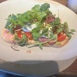 Avocado toast - Avocado toast topped with microgreens, cherry tomatoes, and radishes, served on a plate at a restaurant.
