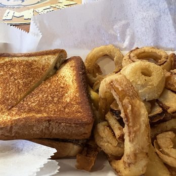 The Red Eyed Mule - Burger with cheese & onion rings. - American Near Me - Marietta, Georgia The Red Eyed Mule - Burger with cheese & onion rings. - American Near Me - Marietta, Georgia
