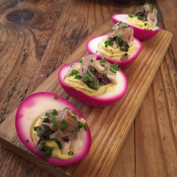 Finch & Fork - Deviled eggs w/ shallots, trout and olive relish - New American Near Me - Santa Barbara, California Finch & Fork - Deviled eggs w/ shallots, trout and olive relish - New American Near Me - Santa Barbara, California
