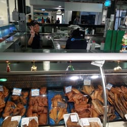 Seafood Central - Smoked fish display case.
