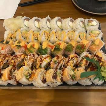 Gen Sushi - (Top to bottom) Philly roll, spicy California roll, ocean bounty roll, red devil roll, salmon premium roll. - Sushi Bars Near Me - Battle Ground, Washington