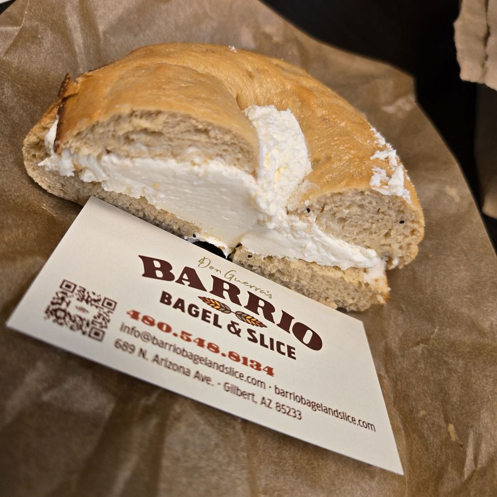 Don Guerra's Barrio Bagel & Slice - Look at that nicely toasted bagel with about .75 ounce of cream cheese in each half about 1.75 oz of whipped deliciousness. - Pizza Near Me - Gilbert, Arizona Don Guerra's Barrio Bagel & Slice - Look at that nicely toasted bagel with about .75 ounce of cream cheese in each half about 1.75 oz of whipped deliciousness. - Pizza Near Me - Gilbert, Arizona