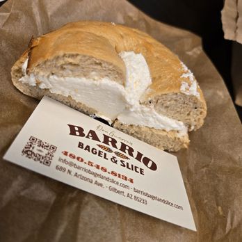 Don Guerra's Barrio Bagel & Slice - Look at that nicely toasted bagel with about .75 ounce of cream cheese in each half about 1.75 oz of whipped deliciousness. - Pizza Near Me - Gilbert, Arizona Don Guerra's Barrio Bagel & Slice - Look at that nicely toasted bagel with about .75 ounce of cream cheese in each half about 1.75 oz of whipped deliciousness. - Pizza Near Me - Gilbert, Arizona