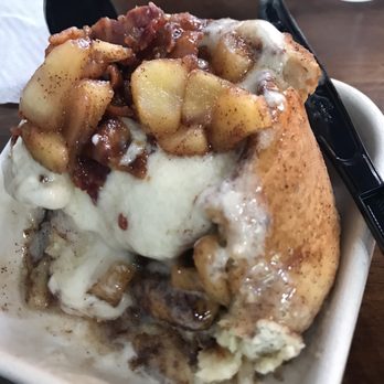 Cinn City - The Lumberjack (maple frosting, cinnamon apples, bacon, and cinnamon drizzle) - Cafes Near Me - Lynchburg, Virginia Cinn City - The Lumberjack (maple frosting, cinnamon apples, bacon, and cinnamon drizzle) - Cafes Near Me - Lynchburg, Virginia