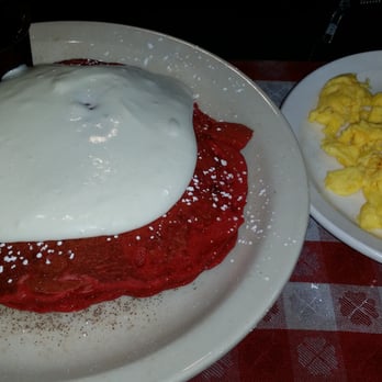 Mo's Egg House - Red velvet pancakes with side of eggs. VERY sweet and rich with the cream cheese icing, butter, and syrup. Yum!!! - Breakfast & Brunch Near Me - Temecula, California Mo's Egg House - Red velvet pancakes with side of eggs. VERY sweet and rich with the cream cheese icing, butter, and syrup. Yum!!! - Breakfast & Brunch Near Me - Temecula, California