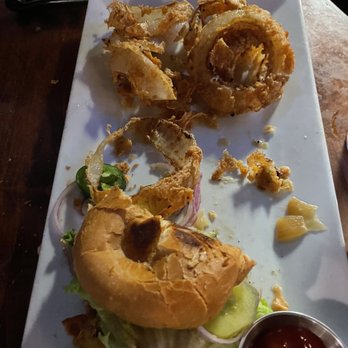 The Fork n Cork - Hot mess burger and onion rings. Very good! - New American Near Me - Wilmington, North Carolina The Fork n Cork - Hot mess burger and onion rings. Very good! - New American Near Me - Wilmington, North Carolina