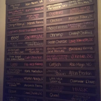 Husk - Here's a big chalkboard showing where Husk sources all of their local ingredients - American Near Me - Charleston, South Carolina Husk - Here's a big chalkboard showing where Husk sources all of their local ingredients - American Near Me - Charleston, South Carolina
