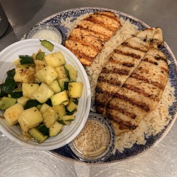 California Fish Grill - Grilled plate salmon & Swai with brown rice and zucchini - Seafood Near Me - Whittier, California