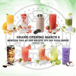 Fruity Boba - GRAND OPENING MARCH 4, 2023!

Mention this ad and receive 10% off your order!
**valid 3/4 - 3/11