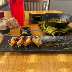 Patio Sushi Bar & Grill - Tempura shrimp roll and what's left of my garlic edamame