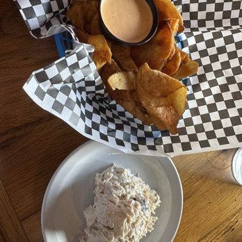 Freight House Restaurant - House made chips with homemade chicken salad. Very good. - New American Near Me - Hartselle, Alabama