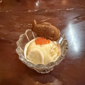 Le Coq - Bluefin Tuna course- Dessert: breadcrumb icecream, maple syrup, trout roe, taiyaki - French Near Me - La Jolla, California Le Coq - Bluefin Tuna course- Dessert: breadcrumb icecream, maple syrup, trout roe, taiyaki - French Near Me - La Jolla, California