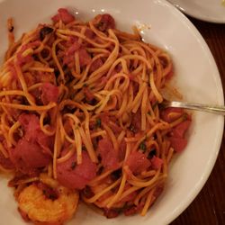Shrimp fra diavolo. Fresh large crisp shrimp over al dented linguini. It does not get any better
