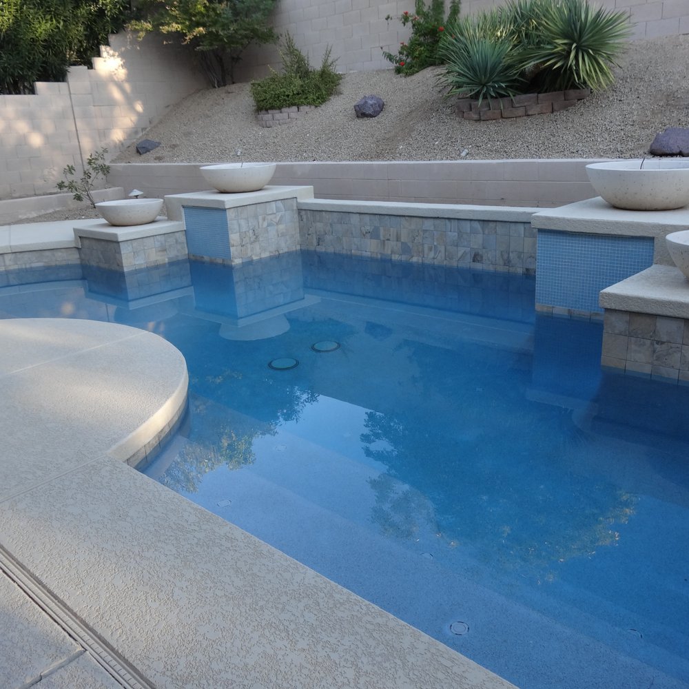 CDC Pools - After the resurfacing. I love the colors! CDC Pools did great with the job. I got the 1"glass blue tiles from another place. - Hot Tub & Pool Near Me - Chandler, Arizona