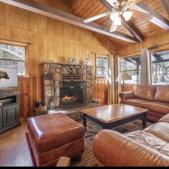 Big Bear Cool Cabins - LIving Room with Wood Burning Fireplace! - Property Management Near Me - Big Bear Lake, California