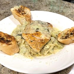Sandshakers - Blacken Snapper lemon artichoke sauce with capers over linguine- along with a side salad