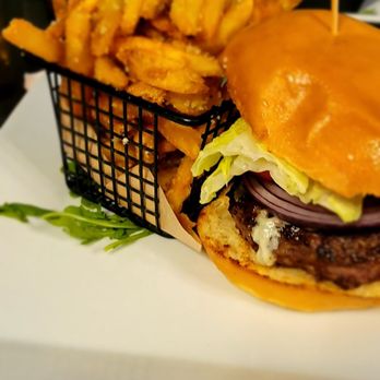 Oakdale Brew House - Truffle fries with burger - New American Near Me - Oakdale, New York