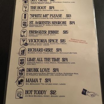 Midnights - Cocktail Menu - A cocktail menu displays a list of drinks such as 'Shy Crab', 'The Hoot', 'Spritz Me Please', and others, each with ingredients and prices between $12 and $15. The menu includes icons next to each drink and handwritten notes about specific variations like 'Pumpkin Spice Espresso Martini'. The design is simple with black text and illustrations on a light background, and a small illustration of a pointing hand at the bottom right corner. - Cocktail Bars Near Me - Brooklyn, New York