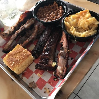 Backyard Barbeque - As usual, I forgot to photo *before* the meal. This was a half-rack of ribs, a second square of cornbread, and two sides. OUTSTANDING! - Barbeque Near Me - Freeport, New York