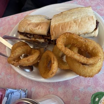 Rosie's Diner - Dinner French Dip with onion rings - American Near Me - Aurora, Colorado