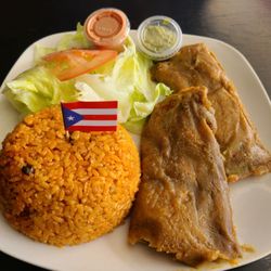 Leo’s Marvelous Bites - Pasteles Plate with Puerto Rican rice