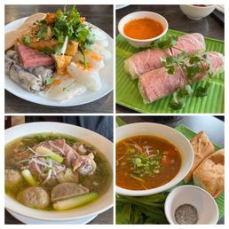 Special rice roll plate, nem nuong roll, beef pho, and beef stew