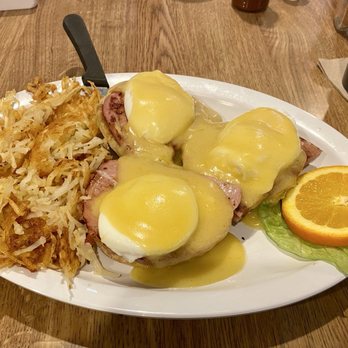 Poor Richard's Cafe - Eggs Benedict Combo. I went with ham on all three instead of the bacon, ham and sausage trio. - Breakfast & Brunch Near Me - Plano, Texas