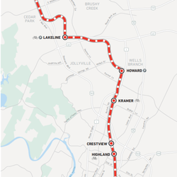 Highland Metrorail Station - MetroRail system map with 9 stops from Leander to downtown Austin