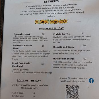 Esther's Family Diner - Menu 12-27-23 (front) - Diners Near Me - Fort Sumner, New Mexico