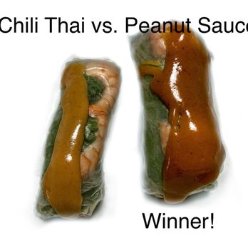 Peanut Sauce Thai Cuisine - Fresh Spring Rolls. Pretty much similar ingredients but PS was larger overall. The Peanut sauce is bomb! - Thai Near Me - Tacoma, Washington