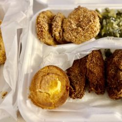 Gram's Mission BBQ - Fried catfish, Cajun wings, fried green tomatoes, collard greens