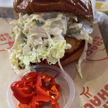 The Crack Shack - Coop Deville sandwich with chilies on the side - Chicken Shop Near Me - Costa Mesa, California