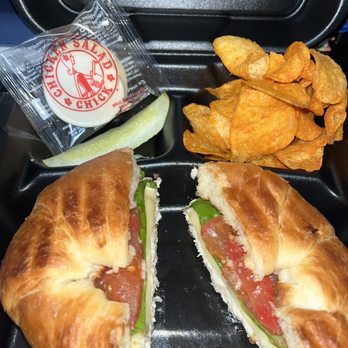 Chicken Salad Chick - Original Chick Melt on Crossiant with a pickle, BBQ Chips and a cookie - Southern Near Me - Fairview, Texas Chicken Salad Chick - Original Chick Melt on Crossiant with a pickle, BBQ Chips and a cookie - Southern Near Me - Fairview, Texas