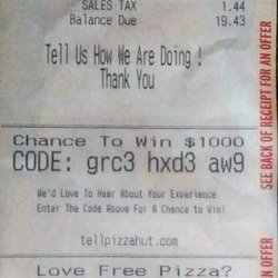 Pizza Hut - 26 août 2018 / Jenna $19.43