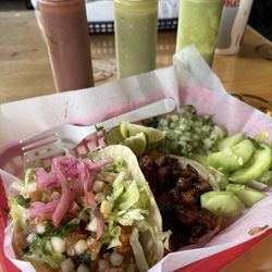 Culichi kitchen - Shrimp Taco and pastor taco with their sauces. The sauces are really good.