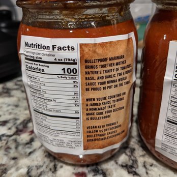 Bulletproof Sauces - Bulletproof Marinara Sauce back label and nutrition facts. - Specialty Food Near Me Bulletproof Sauces - Bulletproof Marinara Sauce back label and nutrition facts. - Specialty Food Near Me