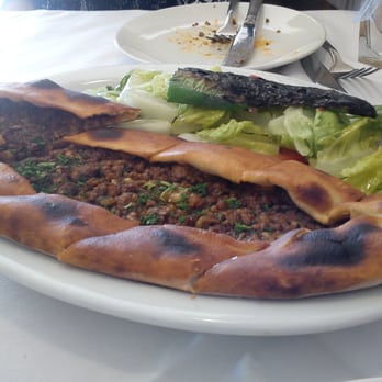 Nazif's - Kiymali Pide - Boat shaped flat bread stuffed with ground meat. - Turkish Near Me - Houston, Texas Nazif's - Kiymali Pide - Boat shaped flat bread stuffed with ground meat. - Turkish Near Me - Houston, Texas
