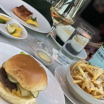 RH Rooftop Restaurant at RH Dallas - RH Burger Truffle Salmon Pellegrino water - American Near Me - Dallas, Texas RH Rooftop Restaurant at RH Dallas - RH Burger Truffle Salmon Pellegrino water - American Near Me - Dallas, Texas