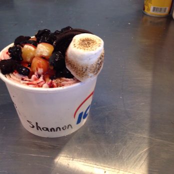 ICICLES - The final product - banana cream pie (secret menu) with strawberries mixed in, and toasted marshmallow, brownies, mochi and mint Oreo on top - Ice Cream & Frozen Yogurt Near Me - San Jose, California ICICLES - The final product - banana cream pie (secret menu) with strawberries mixed in, and toasted marshmallow, brownies, mochi and mint Oreo on top - Ice Cream & Frozen Yogurt Near Me - San Jose, California