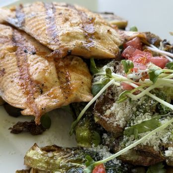 OC Fish Grill - Grilled Salmon Brussel Sprouts Grilled Eggplant - Seafood Near Me - Irvine, California OC Fish Grill - Grilled Salmon Brussel Sprouts Grilled Eggplant - Seafood Near Me - Irvine, California